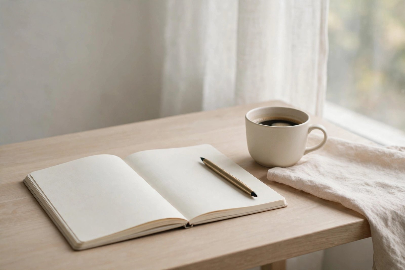 Minimal desk with notebook, pen, and coffee under soft window light, clean aesthetic, for one-line quotes.