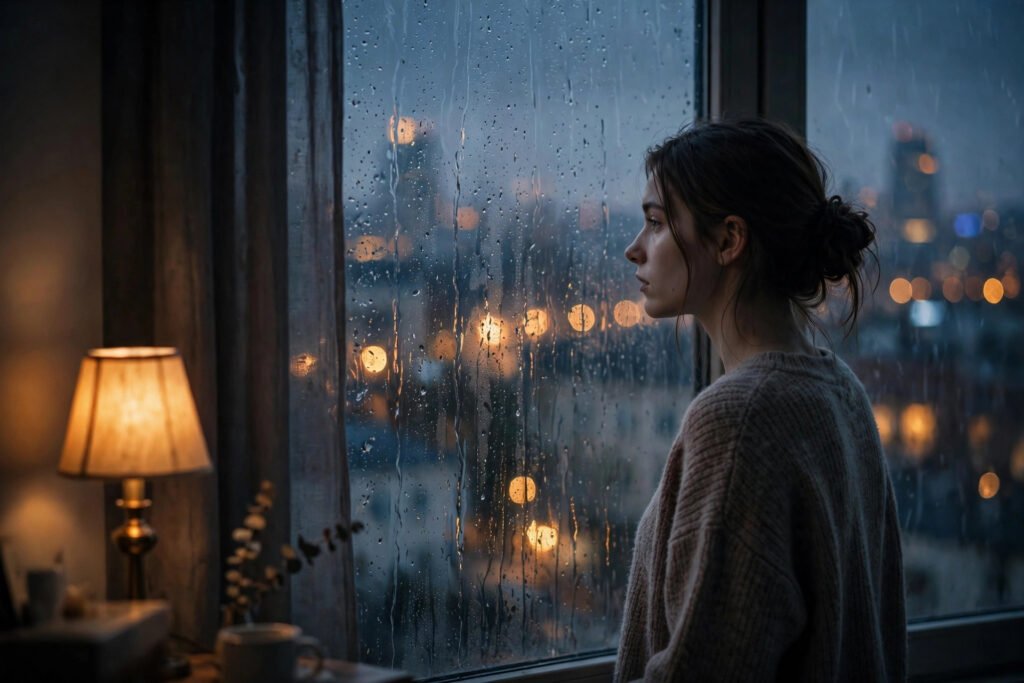 Lonely figure standing by a rain-streaked window at dusk, gazing at distant city lights, for one-sided love quotes