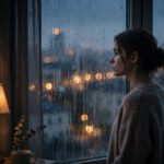 Lonely figure standing by a rain-streaked window at dusk, gazing at distant city lights, for one-sided love quotes