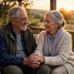 Elderly couple holding hands on a porch at sunset with warm light, for parents quotes.