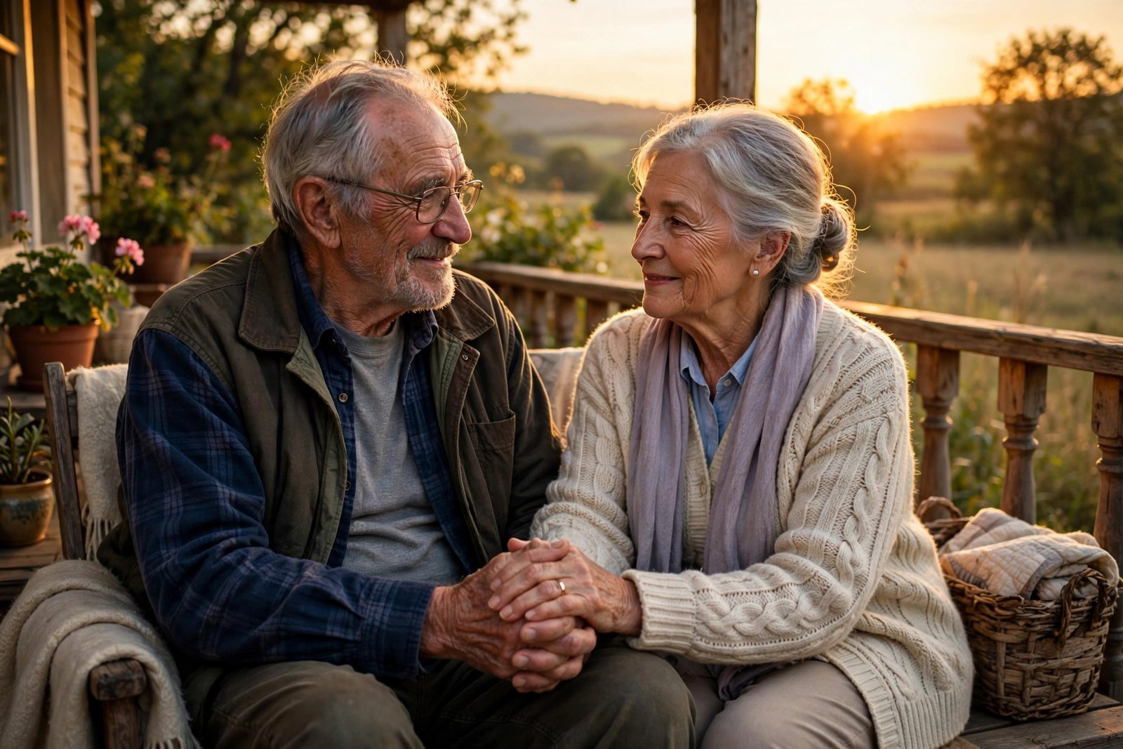 Elderly couple holding hands on a porch at sunset with warm light, for parents quotes.
