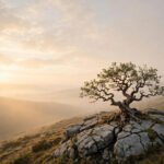 Ancient tree growing out of cracked rock on a misty hillside at golden sunrise, for patience quotes