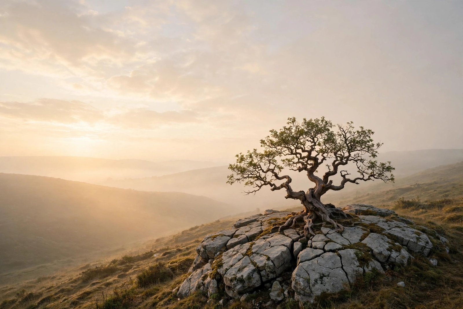 Ancient tree growing out of cracked rock on a misty hillside at golden sunrise, for patience quotes