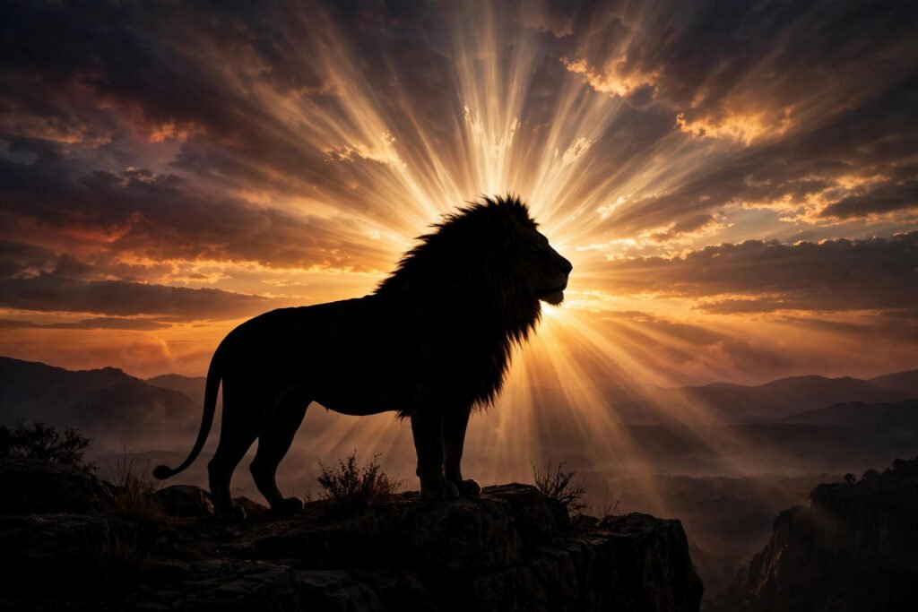 Majestic lion silhouette against a dramatic sunset with crown-like light rays, for royal attitude quotes.