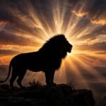 Majestic lion silhouette against a dramatic sunset with crown-like light rays, for royal attitude quotes.