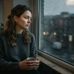 “Person looking thoughtfully through a rainy window representing sadness and emotional reflection”