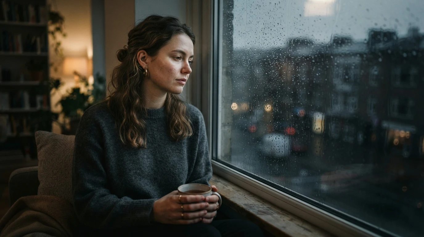 “Person looking thoughtfully through a rainy window representing sadness and emotional reflection”