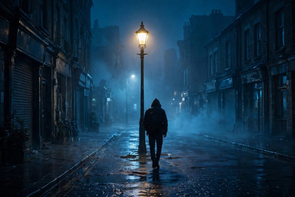 A lone hooded young man walks down a rain-soaked city street at night under a glowing streetlight, in cinematic blue tones — a moody featured image for our sad quotes for boys collection.