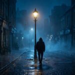 A lone hooded young man walks down a rain-soaked city street at night under a glowing streetlight, in cinematic blue tones — a moody featured image for our sad quotes for boys collection.