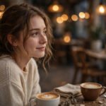Shy woman stealing a glance across a softly lit cafe with two coffee cups, for secret love quotes