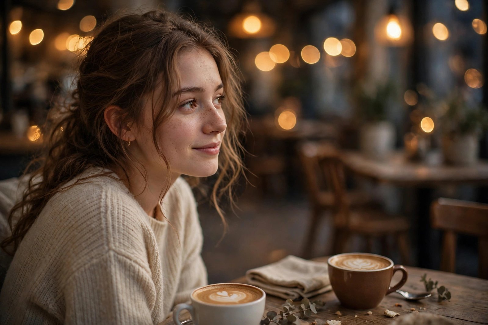Shy woman stealing a glance across a softly lit cafe with two coffee cups, for secret love quotes