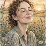 Woman smiling with eyes closed in a field of wildflowers at sunset, peaceful self-acceptance mood, for self love quotes.