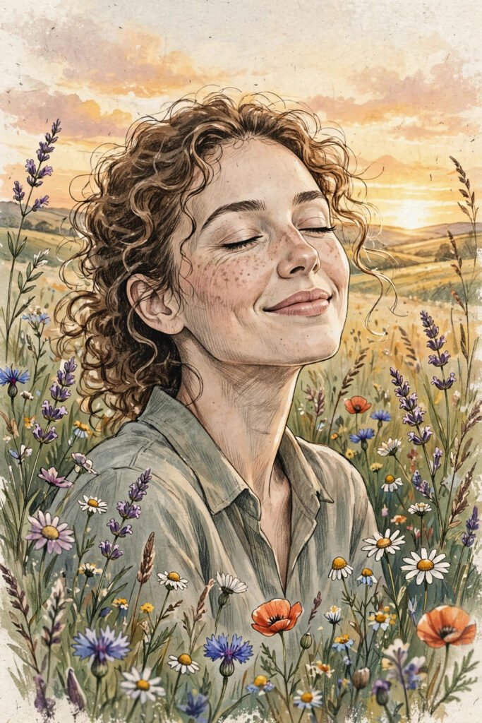 Woman smiling with eyes closed in a field of wildflowers at sunset, peaceful self-acceptance mood, for self love quotes.
