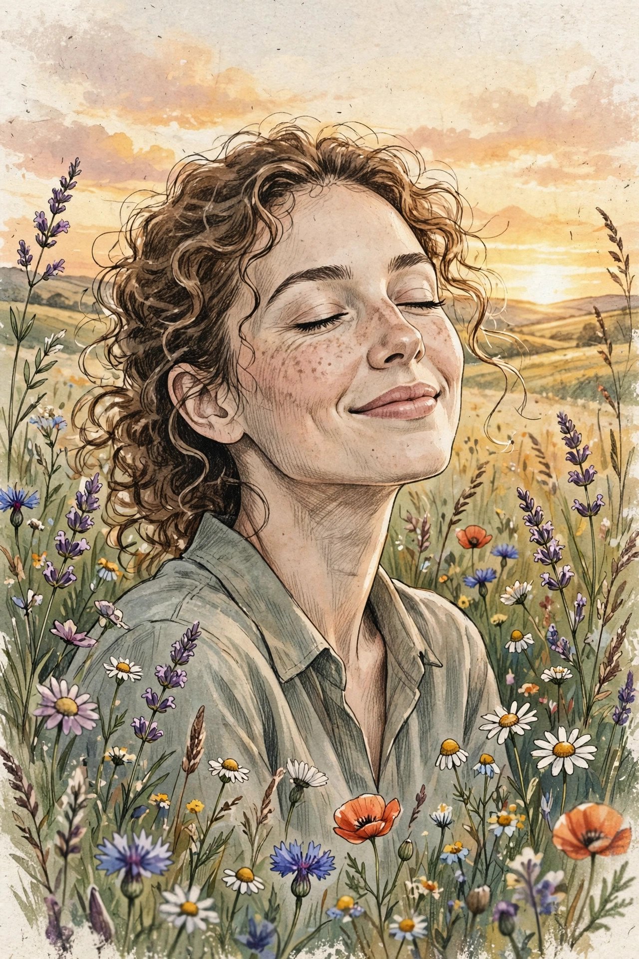 Woman smiling with eyes closed in a field of wildflowers at sunset, peaceful self-acceptance mood, for self love quotes.