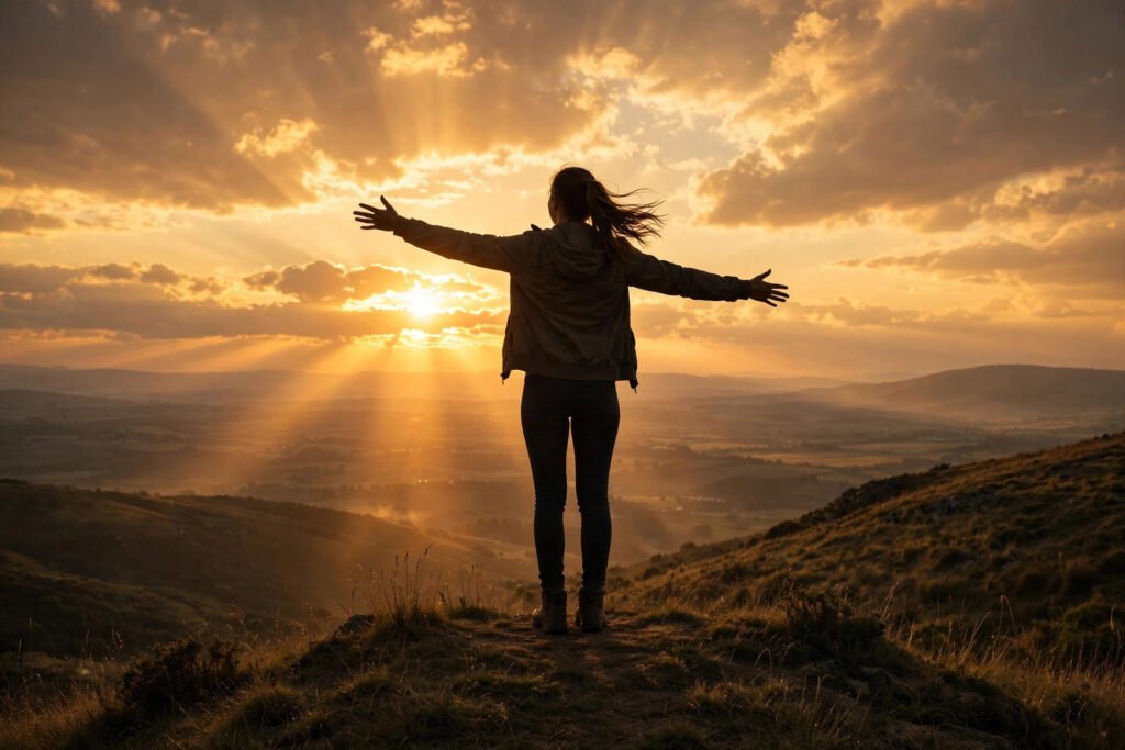 Confident woman standing tall on a hilltop at sunset with arms open wide, for self respect quotes