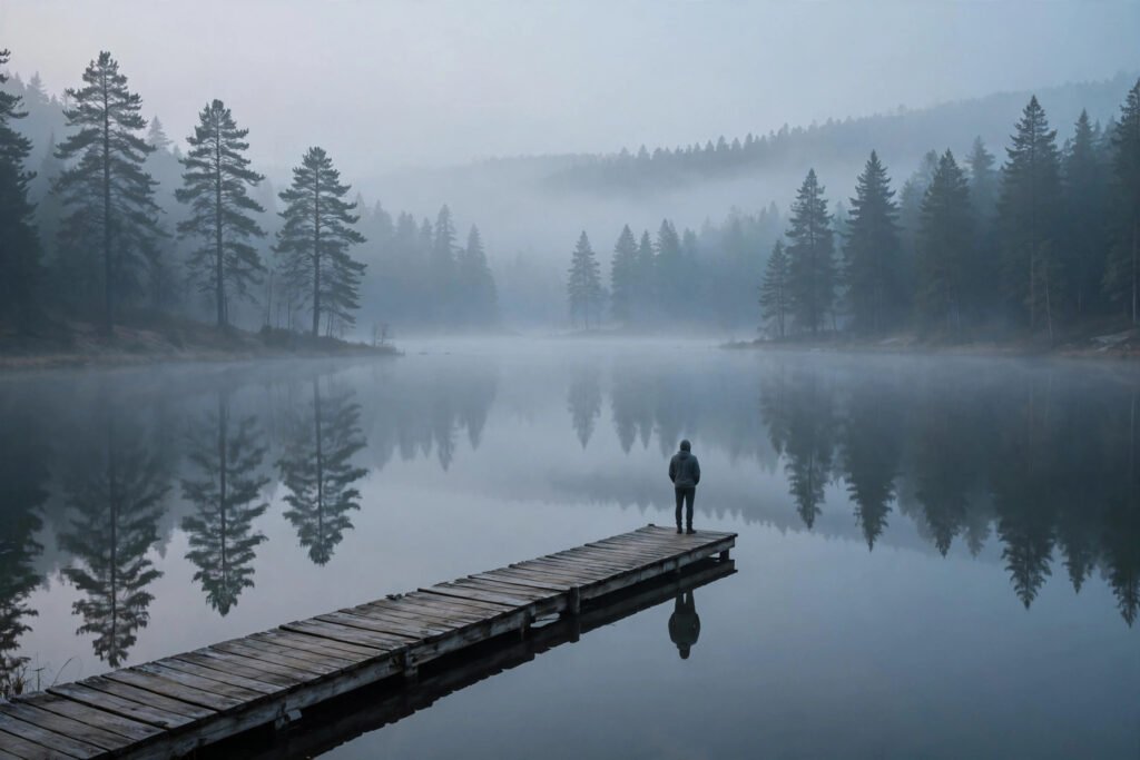 Lone figure standing on a wooden dock over a still misty lake at dawn, for silence quotes