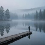 Lone figure standing on a wooden dock over a still misty lake at dawn, for silence quotes