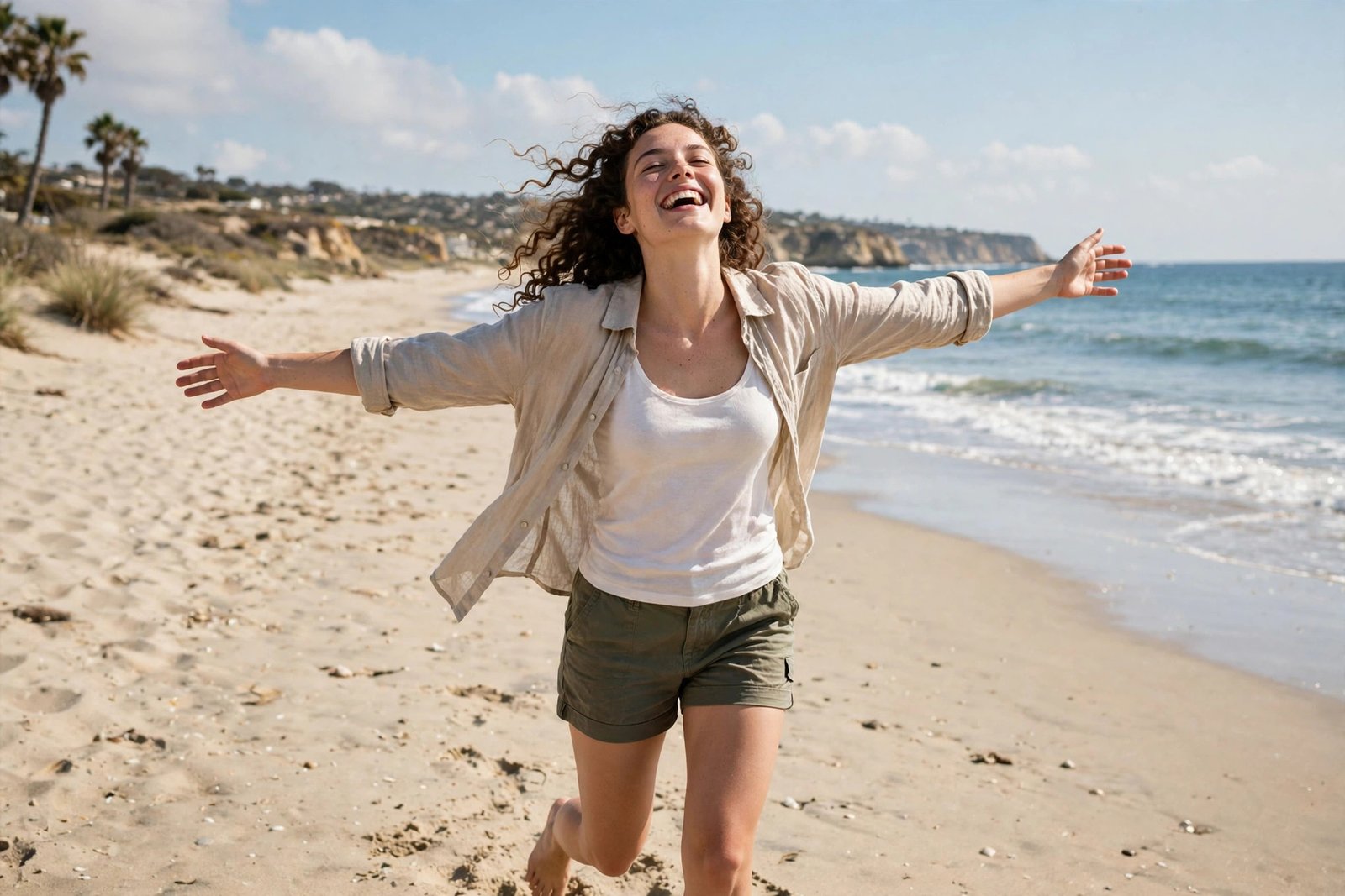 Joyful person dancing alone on a sunny beach with arms wide open, for single life quotes.