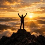 A triumphant climber silhouette with arms raised on a rocky mountain summit at sunrise, golden light breaking over a sea of clouds — a visual metaphor for success. — success quotes