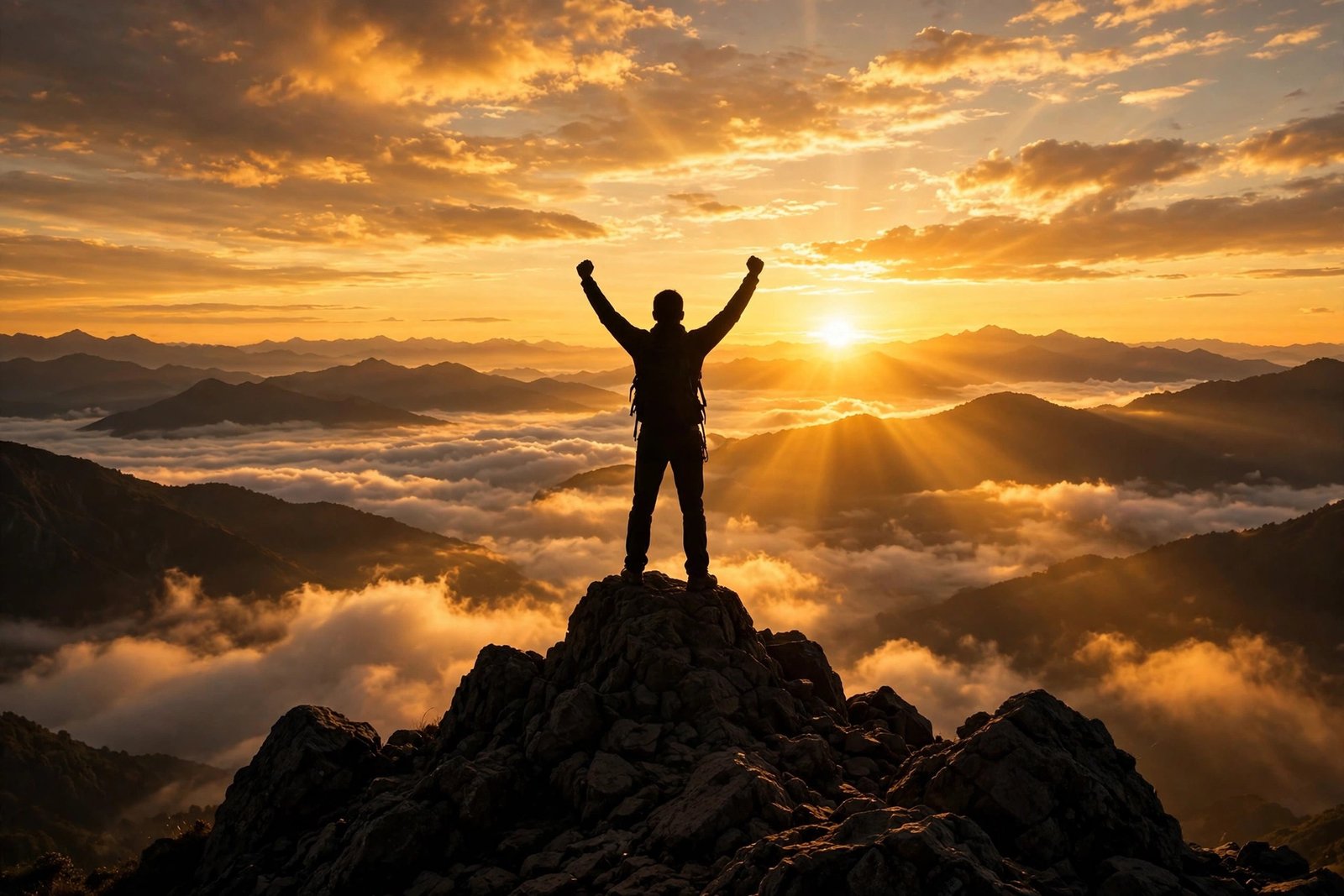 A triumphant climber silhouette with arms raised on a rocky mountain summit at sunrise, golden light breaking over a sea of clouds — a visual metaphor for success. — success quotes