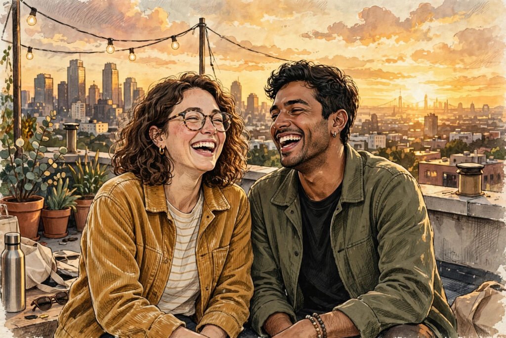 Two best friends laughing together on a rooftop at golden hour, city skyline behind, for true friendship quotes.