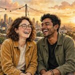 Two best friends laughing together on a rooftop at golden hour, city skyline behind, for true friendship quotes.