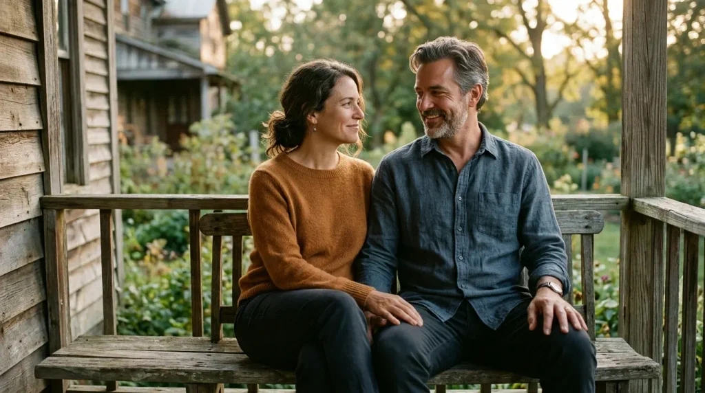 Quiet moment of connection between two people sitting together at dusk