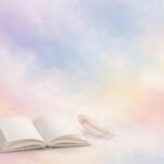 An open book with blank pages and a soft white feather resting beside it against a dreamy pastel watercolor sky, a calm visual for two line quotes. — two line quotes