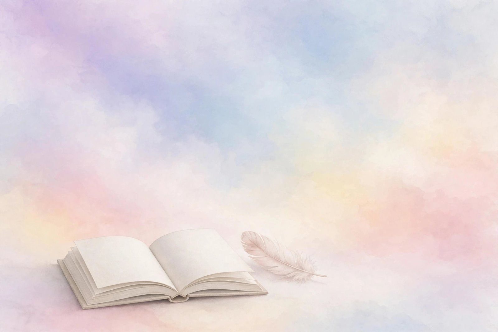 An open book with blank pages and a soft white feather resting beside it against a dreamy pastel watercolor sky, a calm visual for two line quotes. — two line quotes
